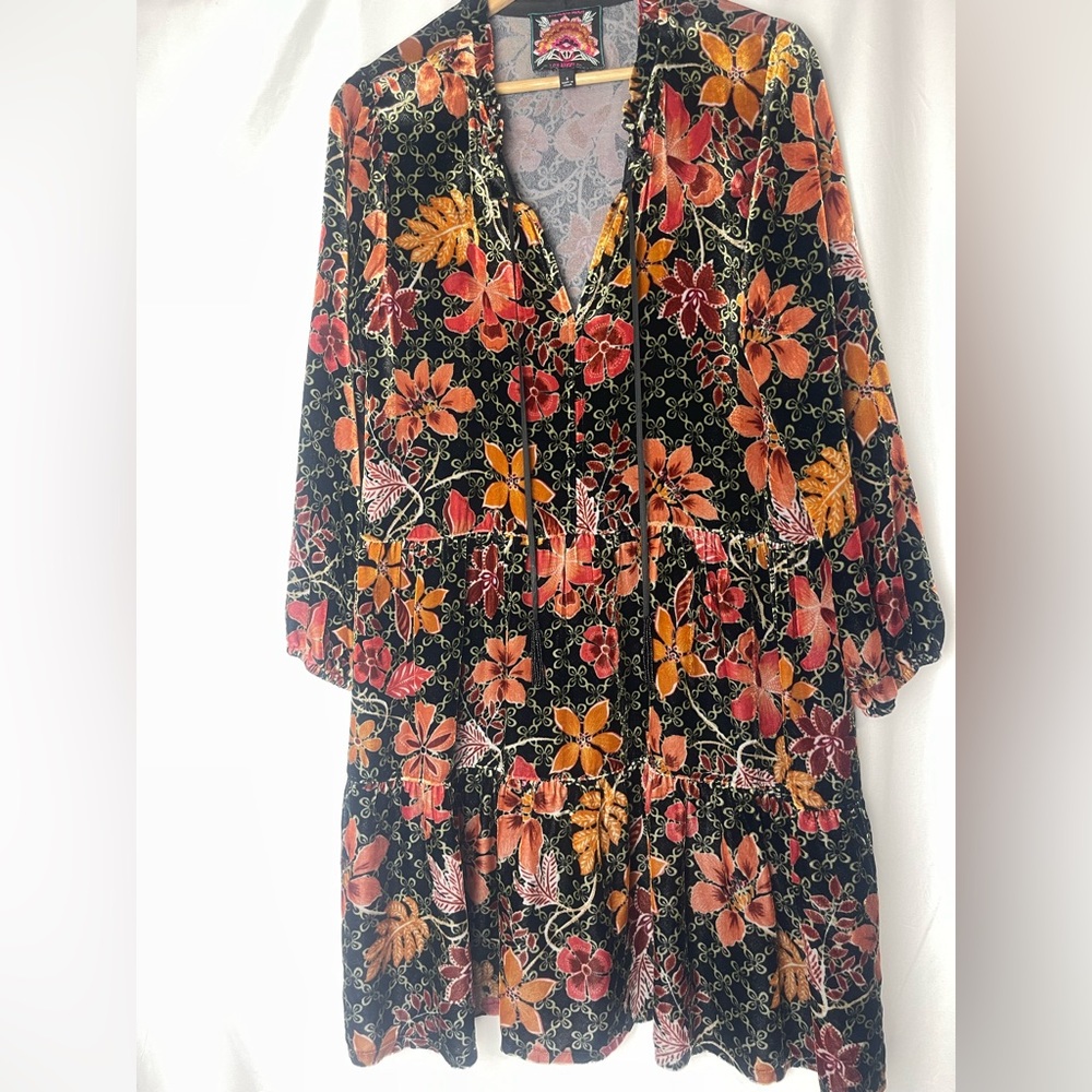 Johnny Was Silk Blend Jasmoon Flore Velvet Field Tiered Dress Tassels - Picture 9 of 11